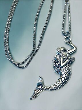 Sterling Silver-Tone Mermaid Pendant Necklace - Silver. Handmade